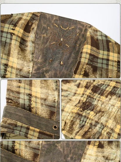 Green Plaid Pattern Butterfly-shaped Rhinestone Buckle Strapless Top