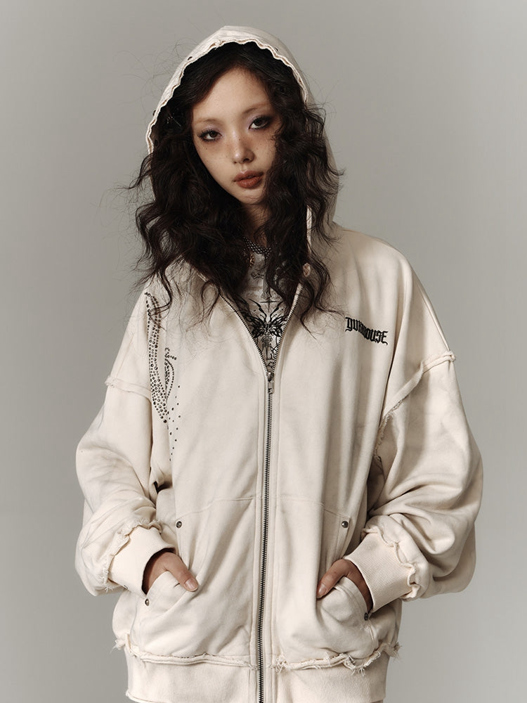 Wasteland Punk Studs Design Beige Washed Loose Casual Zip Hoodie