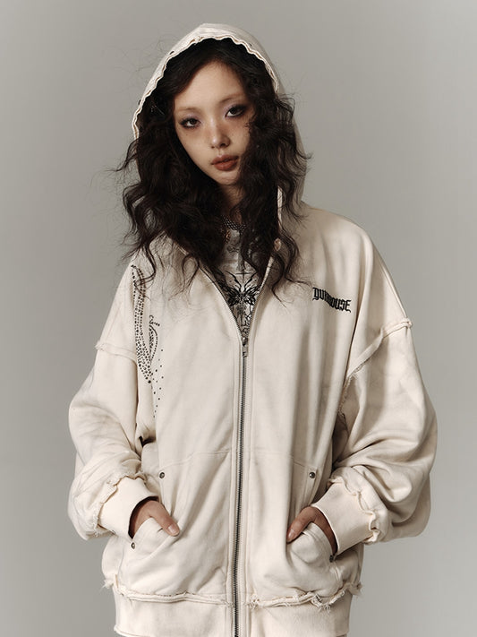 Wasteland Punk Studs Design Beige Washed Loose Casual Zip Hoodie