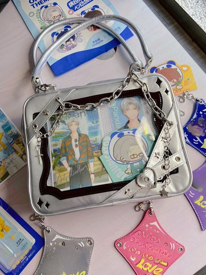 Silver & Black Crisscross Strap Ita Shoulder Bag with Cross Charm Chain