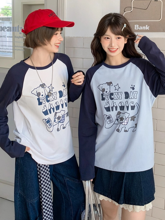 White/Blue Colorblock Design Adorable Puppy Print Loose Top