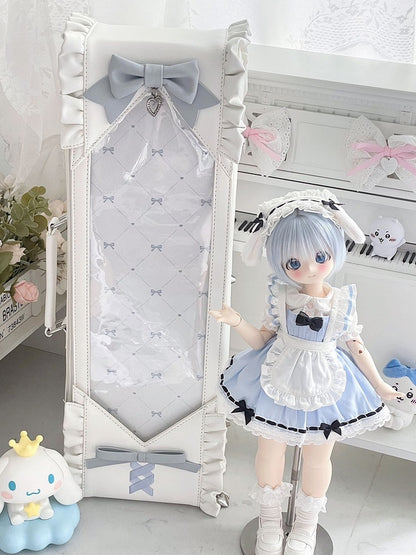White&Blue Bowknot Details Diamond Pattern 1/4 Scale BJD Doll Bag with Two Straps