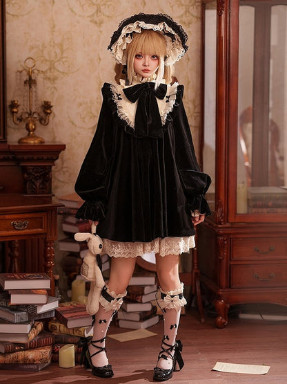 Black Big Bow Ruffled High Neck Sweet Lolita Long Sleeves Velvet Dress