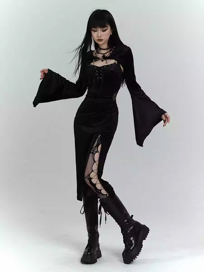 Gothic Black Velvet Side Slit Slip Dress with Bell Sleeves Hooded Top Set