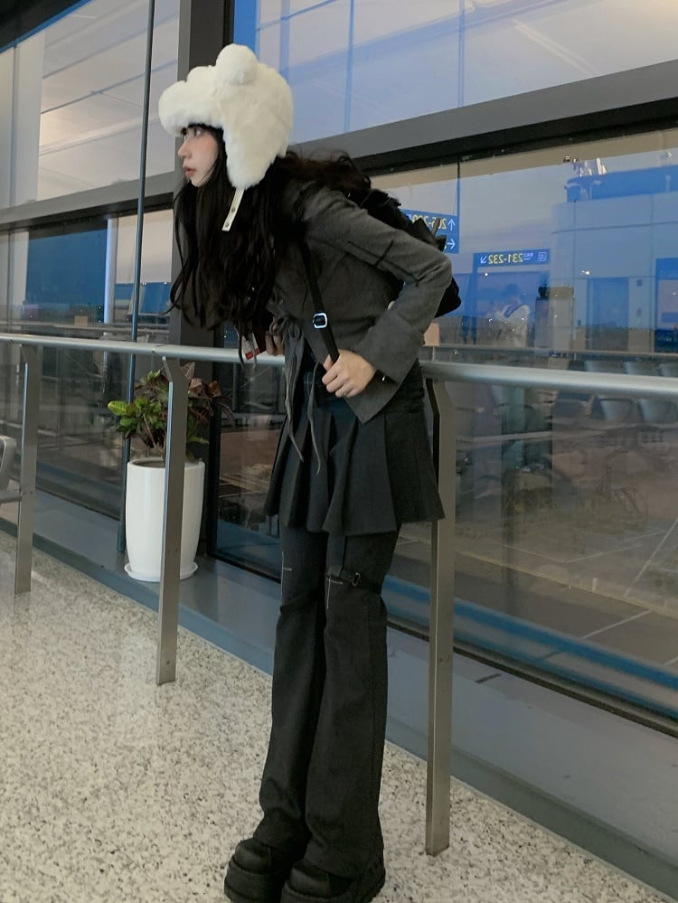 Dark Gray Flared Jeans Regular/Long Version with Pleated Skirt and Cross Motif