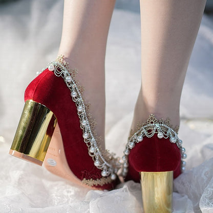 Red Beaded Floral and Charm 7CM Cheongsam Style Hime Lolita High Block Heels