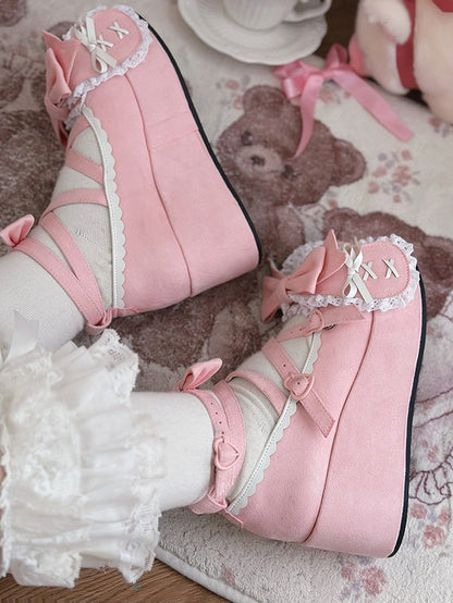 Pink Crisscross Design Bunny Ear Bowknot Sweet Lolita 6.5CM Platforms