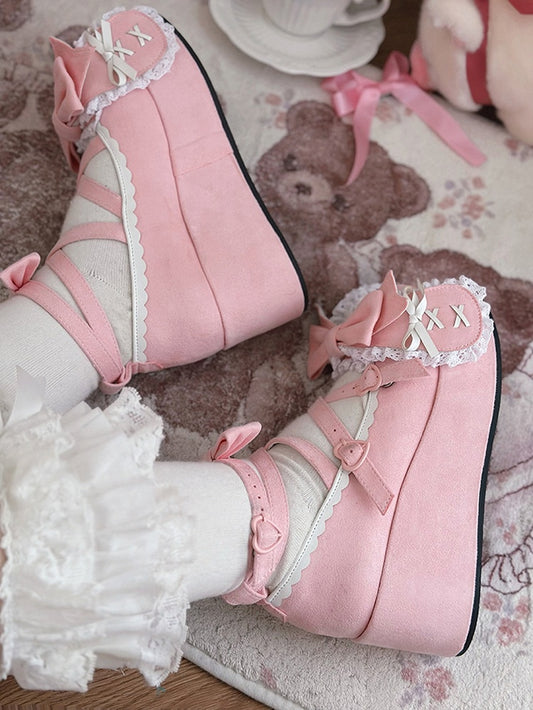 Pink Crisscross Design Bunny Ear Bowknot Sweet Lolita 6.5CM Platforms