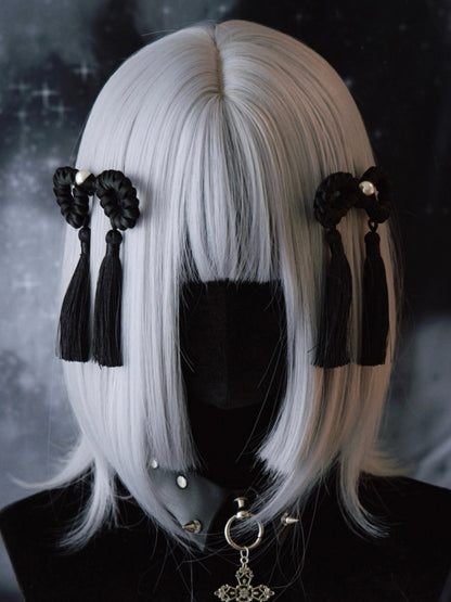 Black Gothic Beaded Decorated Tassels Design Bowknot Hairclips