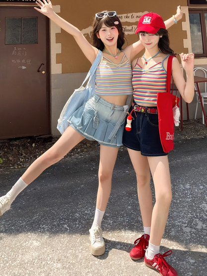 Red/Light Purple Striped Slim-fitting Cami Top