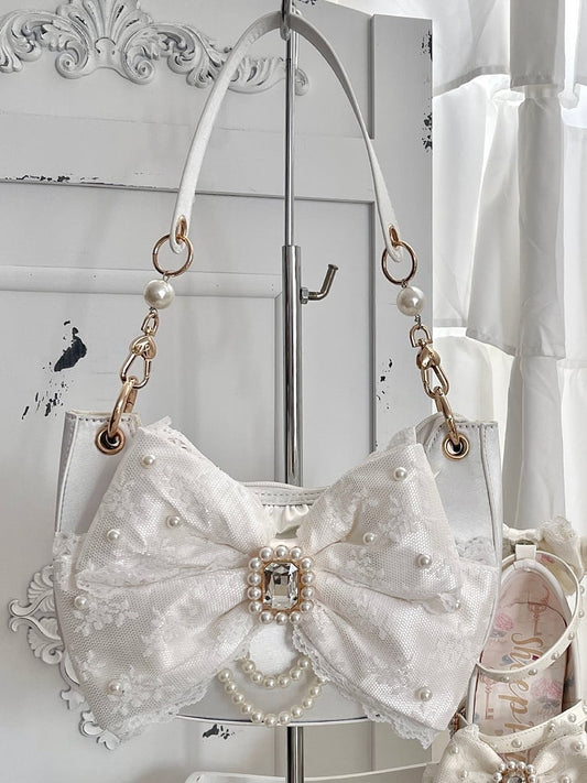 White Shoulder Bag in Sweet Lolita - Satin with Sparkling Beaded Bow