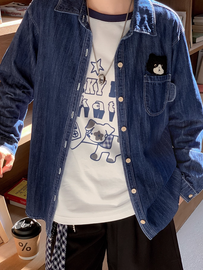 Cute Kitty Embroidery Dark Blue Faded Wash Denim Shirt