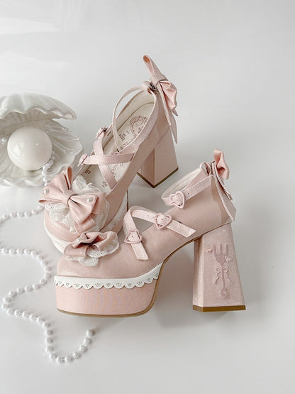 Pink Lolita Lace Bowknot Buckle Straps Fork Embroidery Platform Block High Heels