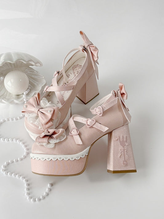 Pink Lolita Lace Bowknot Buckle Straps Fork Embroidery Platform Block High Heels