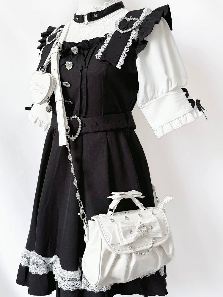 Detachable Rhinestone Strap & Crown-Embellished Bow Accent White Hand/Crossbody Bag in Jirai Kei