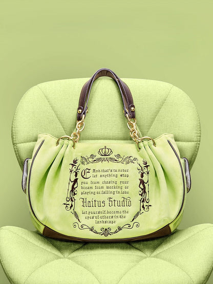Vintage Green Gothic Lettering Embroidered Tote Bag with Chain Strap