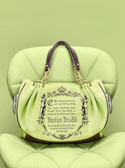 Vintage Green Gothic Lettering Embroidered Tote Bag with Chain Strap