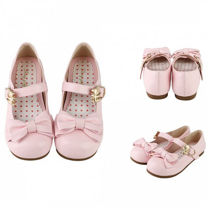 Pink Bow at Top Sweet Lolita Flats with Hugging Bear Heart Buckles