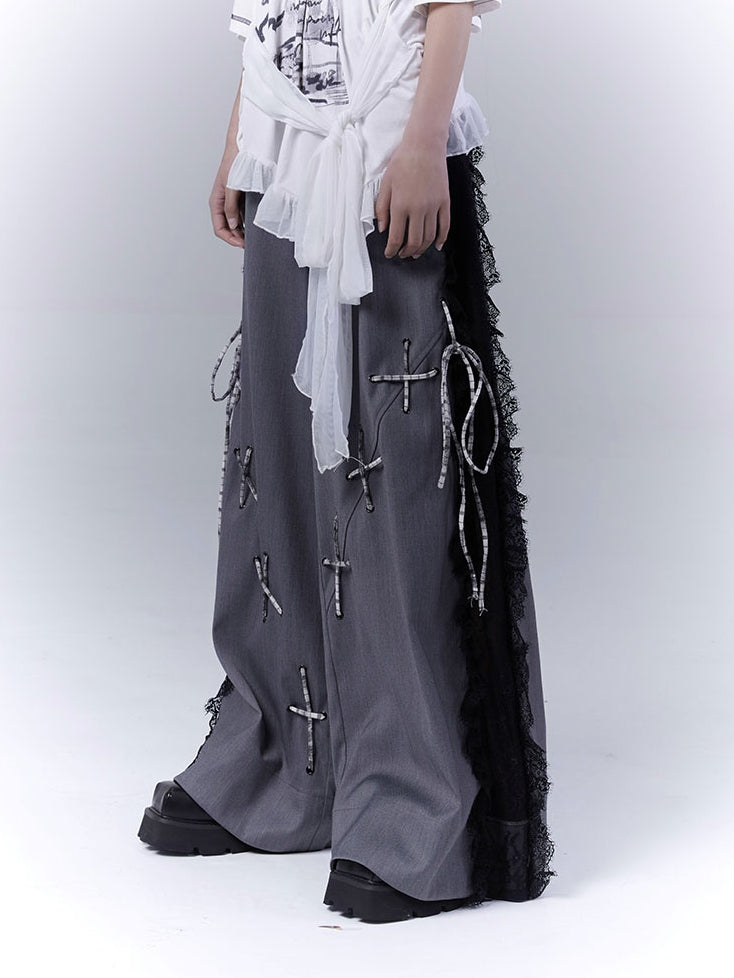 Dark Gray Lace Patches Side Casual Pants with Lace-up Details