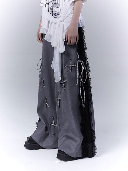 Dark Gray Lace Patches Side Casual Pants with Lace-up Details