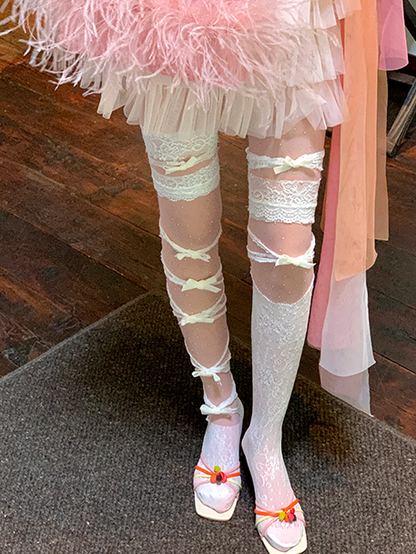 White/Pink/Blue/Purple/Grey/Black Asymmetrical Design Lace Trim Bowknot Overknee Stockings