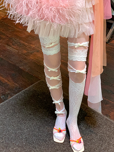 White/Pink/Blue/Purple/Grey/Black Asymmetrical Design Lace Trim Bowknot Overknee Stockings