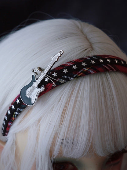 Red And Black Plaid Pattern Star Guitar And Pins Design KC