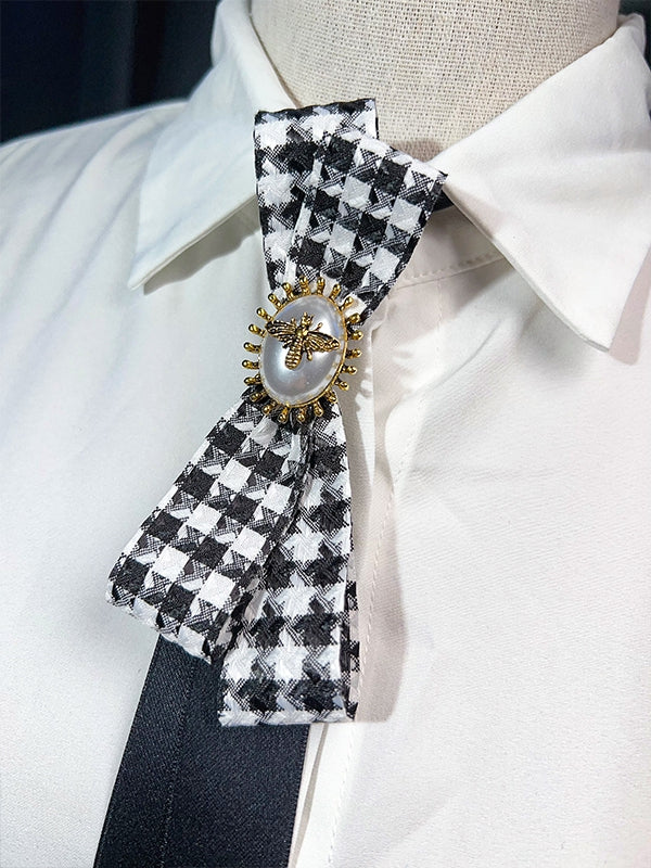 Black Bee And Beaded Decorated Houndstooth Pattern Bowknot Design Neck Tie