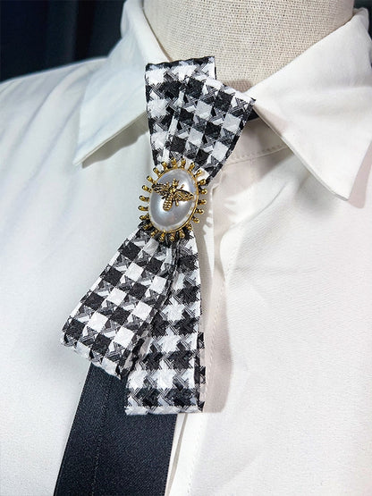 Black Bee And Beaded Decorated Houndstooth Pattern Bowknot Design Neck Tie