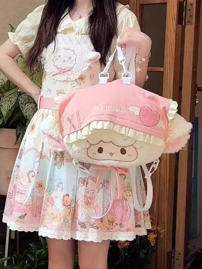 White&Pink Lamb-shaped Bowknot Plush Backpack