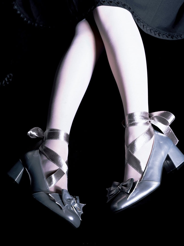 Bat Wings Bow Gothic Silver Lace-up Block Heels Balletcore Shoes