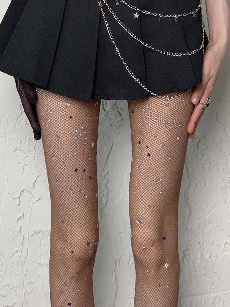 White/Black/Coffee Y2K Rhinestone Fishnet Tights