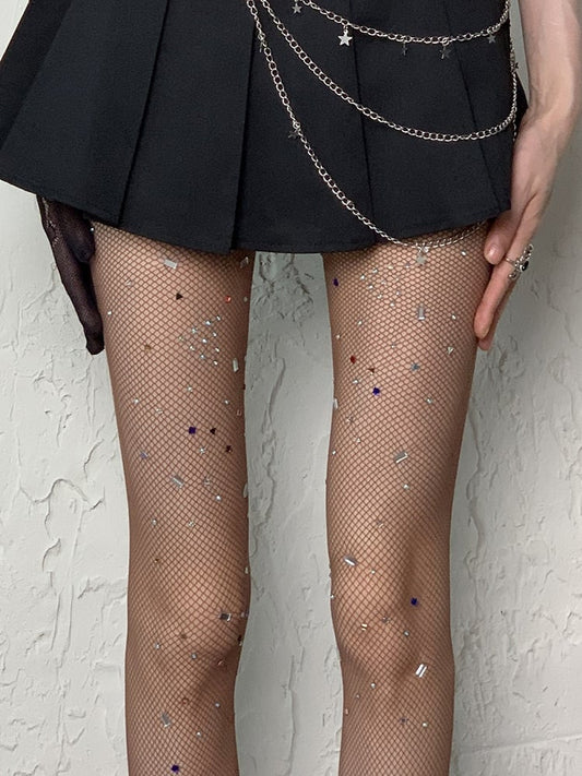 White/Black/Coffee Y2K Rhinestone Fishnet Tights