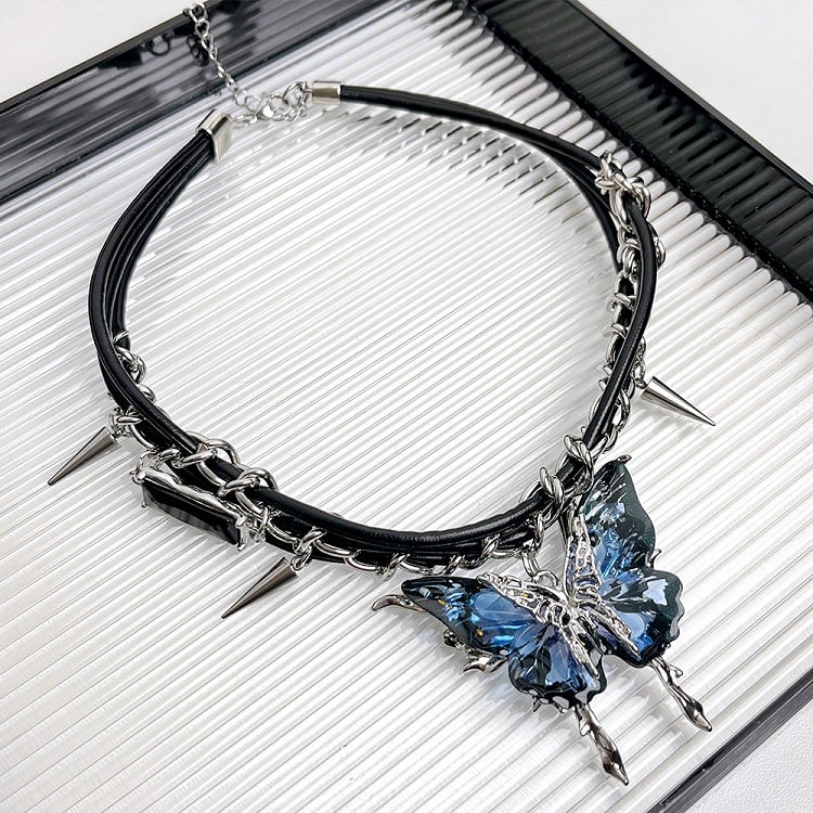 Rose Red/Dark Blue Butterfly Pendant Y2K Choker