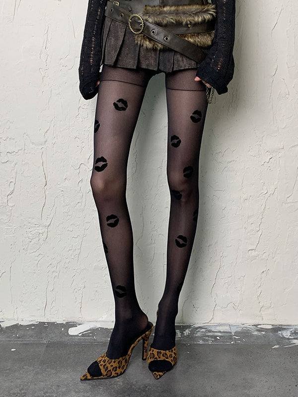 Black/Red Gothic Lips Print Tights