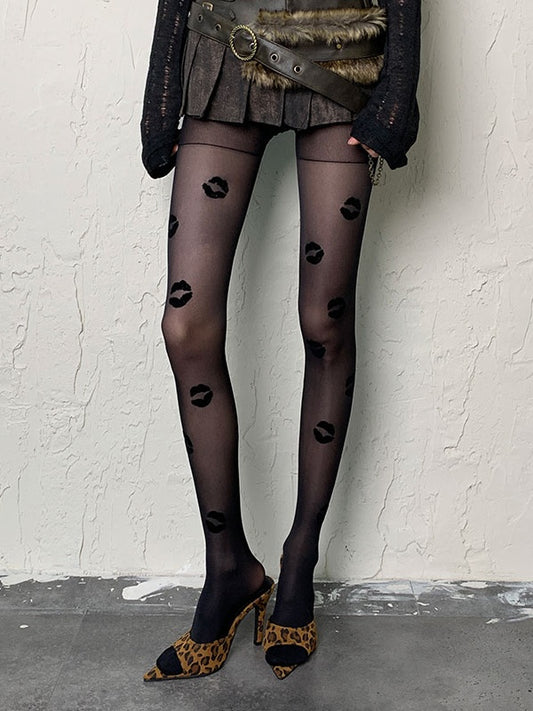 Black/Red Gothic Lips Print Tights