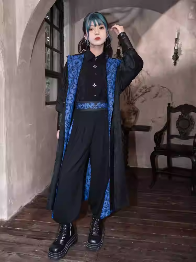 Blue Seahorse and Coral Print Black Drawsting Cuff Cheongsam Style Wide-leg Pants