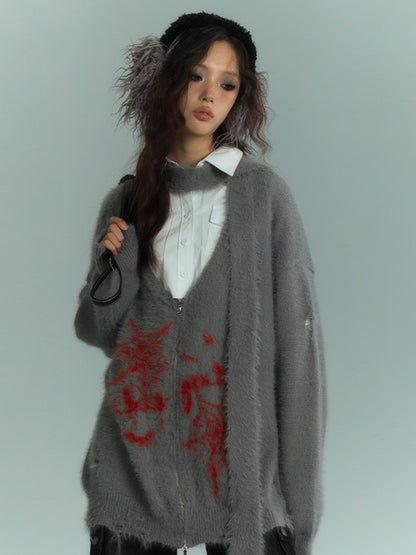 Punk Spiderwebs Gray V-neck Distressed Holes Loose Zip Cardigan with Scarf