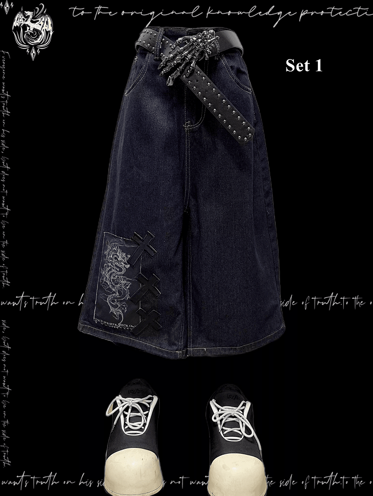 Dark Blue Dragon and Cross Appliques Punk Wide-Leg Jeans
