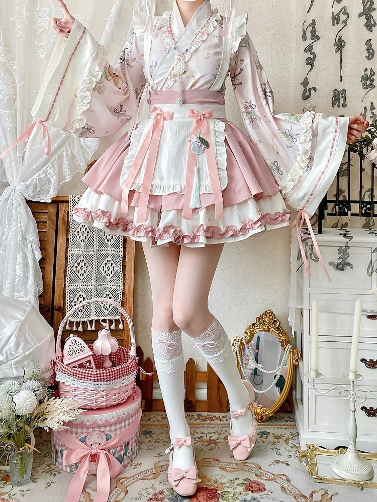 Sakura Pink Herbal Medicine Crossover Neckline Top + Skirt Han Lolita Set Cherry Blossom Festival Outfit