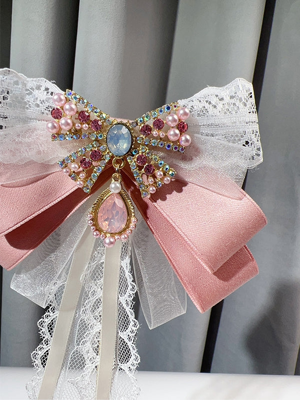 Pink/Blue Preppy Style Rhinestone And Beaded Decorated Butterfly Design Bow Tie