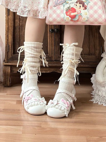 White Polka-dot Pattern Crisscross Design Bowknot Details Bunny Applique Lace Trim Sweet Lolita Shoes