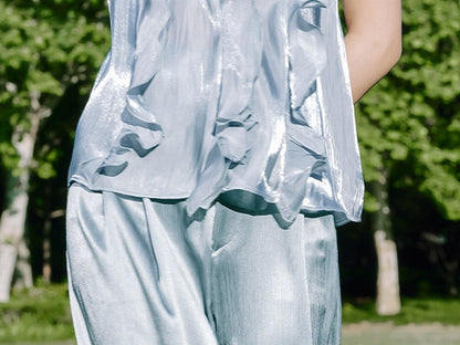 Vintage Blue Moon Light Cascading Ruffle Accents Top/Straight-leg Cut Pants