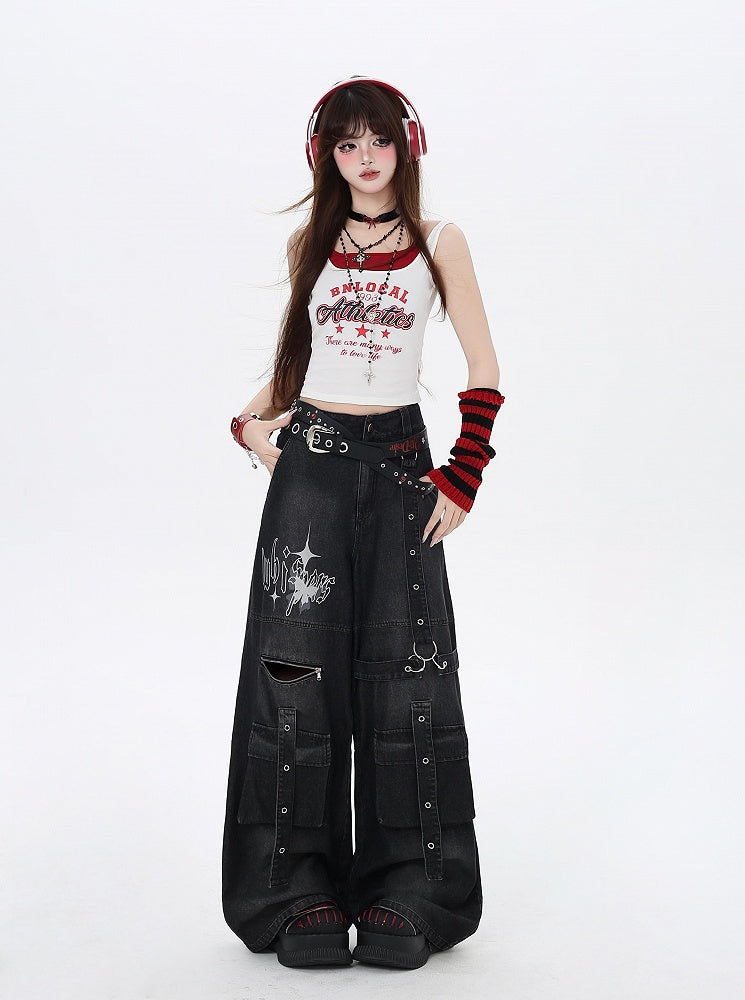 Black Butterfly Print Strap Details Vintage Wide-Leg Cargo Jeans