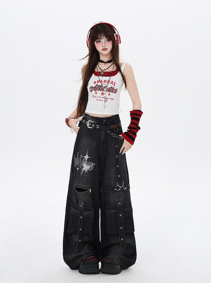 Black Butterfly Print Strap Details Vintage Wide-Leg Cargo Jeans