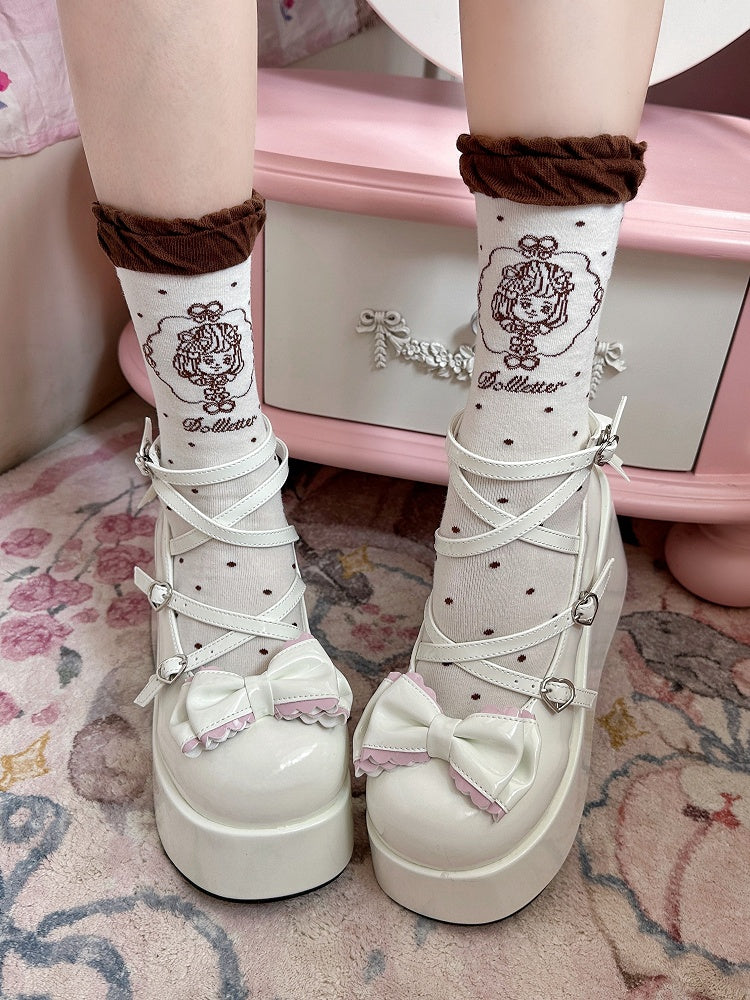 Coffee/Black/Red/Pink Anime Girl Polka-dot Pattern Lolita Calf Socks