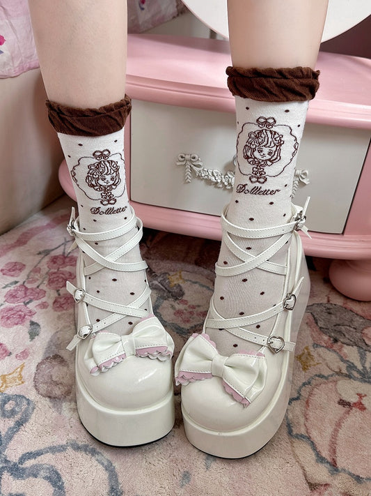 Coffee/Black/Red/Pink Anime Girl Polka-dot Pattern Lolita Calf Socks