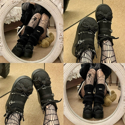 Spike Studs Bow Accents Black Cross Gothic Platforms Punk Shoes
