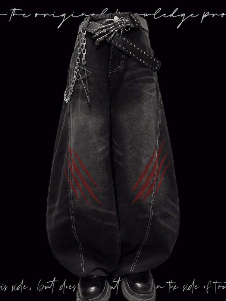 Black Faded Wash Scratch Print Distressed Punk Wide-Leg Jeans