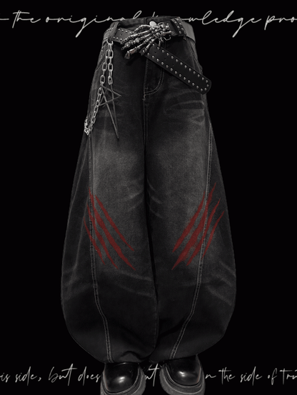 Black Faded Wash Scratch Print Distressed Punk Wide-Leg Jeans